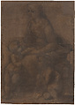The Virgin and Child with the Infant Saint John the Baptist (Cartoon for La Belle Jardinière), Raphael (Raffaello Sanzio or Santi)  Italian, Black chalk, charcoal, highlighted with white gouache on light brown paper, outlines pricked for transfer of the design and rubbed with pouncing dust; heavily retouched by early modern restorers