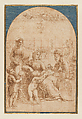 Composition Study for the Holy Family with Saints and a Pomegranate (recto); Letter to Domenico Alfani (verso), Raphael (Raffaello Sanzio or Santi) Italian, Pen and brown ink, over leadpoint underdrawing, squared in red chalk; upper portion of the sheet outlined like an arch with the field colored in blue gouache (recto); pen and brown ink (verso), on paper