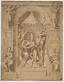 Modello Drawing with an Early Idea for the Enthroned Pope Urban I in a Niche with Virtues, Angels, and Other Figures, Sala di Costantino, Giovanni Francesco Penni  Italian, Pen and brown ink, brush and brown wash, over leadpoint underdrawing, with leadpoint and pen-and-ink ruling, compass work (arcs, points), and a lightly stylus-incised vertical axis line (running through the figure of the pope); extensively highlighted with white gouache; on paper washed pale brown
