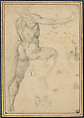 Male Nude in Profile Leaping to the Right; Detail of a Right Shoulder (?); Ornamental Motif, Michelangelo Buonarroti (Italian, Caprese 1475–1564 Rome), Black chalk over stylus marks
