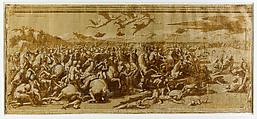 Modello Drawing for the Battle of the Milvian Bridge, Sala di Costantino; An Eagle and the Drapery of a Caryatid; An Arm holding a Tablet and a Leg (for the Figure of Virtue?), Raphael (Raffaello Sanzio or Santi)  Italian, Pen and brown ink, brush and brown wash, highlighted with white gouache, ver extensive black-chalk underdrawing, squared in black chalk, on many glued sheets of paper washed beige; lined with a secondary support; with early restorations