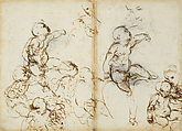 Sketches of Infants; the Virgin and Child (recto), Two Studies for Draperies on a Seated Figure; Head of a Man in Profile (verso)
, Raphael (Raffaello Sanzio or Santi)  Italian, Pen and brown ink, over leadpoint underdrawing (recto), metalpoint, highlighted with white gouache, on paper prepared yellowish pink (verso)