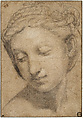 The Head of a Young Woman in Three-Quarter View Looking Down (Study for Charity in the Sala di Costantino), Raphael (Raffaello Sanzio or Santi) Italian, Charcoal, soft grayish black chalk and denser black chalk; slight accenting of shaows with wetted black chalk; minor accenting in black wash by a restorer (on the hair at the left and the iris of the eye); traces of white gouache highlights (now sunken); finely stylus-incised outlines; on beige paper, glued onto a secondary paper support