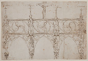 Design for a Rood Screen, Jost Schilder, Pen and brown ink, over partial blind ruling with stylus, guided by compass, on paper