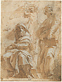 Tthe Prophets Hoseas and Jonah with an Angel (Studies for the Chigi Chapel, Santa Maria della Pace), Raphael (Raffaello Sanzio or Santi)  Italian, Pen and brown ink, brush and brown wash, highlighted with white gouache, over black chalk and stylus underdrawing, squared under the drawing in stylus, squared over the drawing in red chalk, on paper