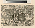 Landscape with Ruins with the Burning of the City of Troy, Giovanni Battista Pittoni the Elder (Italian, Vicenza ca. 1520–ca. 1583 Venice (?)), Etching