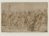 Composition Study for the Massacre of the Innocents, Raphael (Raffaello Sanzio or Santi) Italian, Pen and brown ink, with some later retouching, highlighted with white gouache, over preliminary pounce marks (spolvero underdrawing), reworked freehand by the artist in black chalk, on paper
