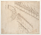 Elevation, Section, and Floor Plan for the Stairs to the Pulpit, Stephansdom (Saint Stephen’s Cathedral), Vienna, Anton Pilgram, Pen and brown ink, over blind ruling with stylus, guided by compass and straightedge, on paper
