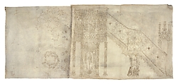 Elevation and Plans for the Pulpit of Strasbourg Cathedral, Hans Hammer  German, Pen and reddish-brown ink, over partial blind ruling with stylus, guided by compass and straightedge, on parchment