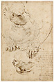 Study for the Leaning Male Figure on the Right Foreground in the Disputa, Stanza della Segnatura; Draft of a Petrarchan Sonnet; an Interlaced Monogram with “M” (recto); Two Further Studies for the Same Figure (verso), Raphael (Raffaello Sanzio or Santi)  Italian, Pen and brown ink over preliminary stylus underdrawing on cream colored paper, some stylus-ruled lines, monogram in black chalk (recto); pen and brown ink over preliminary stylus underdrawing, some stylus-ruled lines (verso)