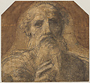 God the Father in Bust Length (Cartoon Fragment for the Disputa, Stanza della Segnatura), Raphael (Raffaello Sanzio or Santi)  Italian, Charcoal, black chalk, originally highlighted with white gouache (now lost), shadows deepened in brush and brown wash, over preliminary stylus underdrawing, outlines pricked for transfer of the design, on three sheets glued with overlapping seams (original paper support); figural design silhouetted along the shape of a giornata, mounted onto secondary paper support