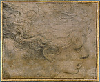 Head of an Angel in Profile View (Cartoon Fragment for the Expulsion of Heliodorus from the Temple, Stanza di Eliodoro), Raphael (Raffaello Sanzio or Santi)  Italian, Charcoal, black chalk, traces of white gouache highlights, outlines pricked for transfer of the design on two glued sheets of paper; with numerous integrations of the original support; small bits of the drawn outlines reinforced by restorers (back of ear, underside of the nose, fulcrum and upper lip, which are all part of a long horizontal band extending from the lower cheek to the back of the neck, then along bits of the chin, underside of jaw, upper right and lower left corners); glued onto a Mariette mount (secondary paper support)