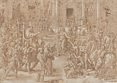 Pope Sylvester I in a Sedia Gestatoria and Saint Helen (Modello Drawing for the Donation of Constantine, Sala di Costantino), Giulio Romano  Italian, Pen and two hues of brown ink, brush and brown wash, highlighted with white gouache, over leadpoint and grayish blaack-chalk underdrawing; pinpricks for measurements, ruling in pen and ink, and stylus construction; some pounce marks (spolvero underdrawing) in some architectural motifs; on two sheets of paper glued with overlapping seams (original paper support)