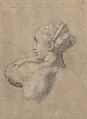 Study for a Kneeling Woman in the Foreground of the Transfiguration;Unrelated Design of a Cornice in Profile, Raphael (Raffaello Sanzio or Santi) Italian, Soft black chalk, charcoal, highlighted in brush and white gouache, some reworking of dark shadows in brush and diluted black chalk and stylus incisions to correct contours, over partial pounce marks, on off-white paper washed light grayish brown (figures); pen and grayish brown ink with ruling; verso is blank and severely abraded (cornice)
