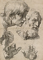 Heads and Hands of Two Apostles (“Auxiliary Cartoon” for the Transfiguration), Raphael (Raffaello Sanzio or Santi)  Italian, Black chalk drawn freehand over pounce marks (spolvero underdrawing),  traces of white gouache highlights, on laid paper