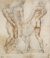 Figures Carrying the Body of Christ (Study for the Baglioni Altarpiece of the Entombment; The Borghese Entombment), Raphael (Raffaello Sanzio or Santi)  Italian, Pen and brown ink over black chalk and stylus underdrawing, red chalk over stylus-incised compass and ruled construction, pricked horizontal and vertical axis lines,, stylus-incised construction, later framing lines in black ink, glued onto a secondary paper support