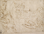 Male Nude Figures and an Angel (Composition sketches for the Resurrection oin the Chigi Chapel, Santa Maria della Pace) (recto); A Geometrical Study (verso), Raphael (Raffaello Sanzio or Santi)  Italian, Pen and brown ink,over traces of stylus underdrawing; faint circle bleeding through from the verso (recto); pen and brown ink over geometric indications in compass (verso) on laid paper