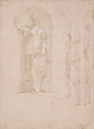 Figural Studies for Minerva and Other Niche Statues in the School of Athens, Stanza de la Segnatura, Raphael (Raffaello Sanzio or Santi)  Italian, Metalpoint, highlightes with wuite gouache, pink paper prepared, laid down