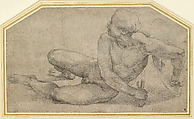 Reclining Male Nude with Shield and Sword (Study for a Soldier for the Resurrection, Chigi Chapel, Santa Maria della Pace), Raphael (Raffaello Sanzio or Santi)  Italian, Black chalk, laid down