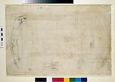 Design for a window of Palazzo Farnese (recto); Architectural studies (verso), Michelangelo Buonarroti (Italian, Caprese 1475–1564 Rome), Brush with brown wash, white gouache, pen and brown ink, over black chalk (recto); black chalk (verso)