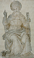 The Seated Saint Augustine (Cartoon for a Painting), Perugino (Pietro di Cristoforo Vannucci)  Italian, Pen and brown ink, brush and pale brown wash, with underdrawing and overdrawing in black chalk; traces of a vertical axis line in black chalk; outlines pricked and rubbed with pouncing dust for transfer, silhouetted closely along the figure and mounted on secondary paper support