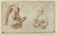 Two Roundels with the Mater Dolorosa and Saint Peter, Raphael (Raffaello Sanzio or Santi)  Italian, Pen and brown ink, over leadpoint underdrawing; incised compass construction for the drawn framing circular framing outlines; outlines finely pricked for transfer of the design; verso rubbed with black chalk pouncing dust, with an equilateral triangle drawn in pen and brown ink, and an unintelligible, cropped design in black chalk, on paper