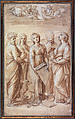 Modello Drawing for the Altarpiece of the Ecstasy of Saint Cecilia, Raphael (Raffaello Sanzio or Santi) Italian, Pen and brown ink, brush and brown wash, over soft grayish black-chalk underdrawing; vertical and horizontal axes in black chalk, framing outlines constructed and measured with pinpricks; laid down