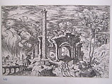 Landscape with Ruins with the Burning of the City of Troy, Giovanni Battista Pittoni the Elder (Italian, Vicenza ca. 1520–ca. 1583 Venice (?)), Etching