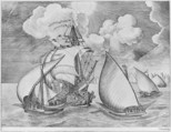 Armed Three-master with Daedalus and Icarus in the Sky from The Sailing Vessels, After Pieter Bruegel the Elder (Netherlandish, Breda (?) ca. 1525–1569 Brussels), Engraving; first state of three