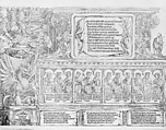 The Upper Section of the Right Portal, with the Inscription on a Stag Skin; a Frieze with Busts of Roman Emperors; and the Entablature of the Columns, from the Arch of Honor, proof, dated 1515, printed 1517-18, Albrecht Dürer (German, Nuremberg 1471–1528 Nuremberg), Woodcut and letterpress