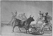Plate 12 from "La Tauromaquia": The crowd hamstrings the bull with lances, sickles, banderillas and other arms, Goya (Francisco de Goya y Lucientes) (Spanish, Fuendetodos 1746–1828 Bordeaux), Etching, aquatint, drypoint