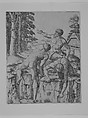 The Climbers: three naked men, one seen from behind climbing onto a river-bank, soldiers emerge from the forest in the background, Marcantonio Raimondi (Italian, Argini (?) ca. 1480–before 1534 Bologna (?)), Engraving