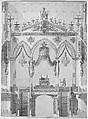 Interior Elevation of Reims Cathedral with the Rood Screen and Throne for the Coronation of King Louis XVIII, Charles Percier (French, Paris 1764–1838 Paris), Pen and black ink, with colored wash