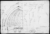 St. Peter's, dome and drum, interior section and elevation, and labeled details (recto); St. Peter's, moulding profiles, details  (verso), Attributed to Etienne DuPérac (French, ca. 1535–1604), Pen and brown ink, black chalk, and incised lines