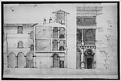 Palazzo Pirro in Rome, section (recto) Palazzo Pirro in Rome, sections; profiles (verso), Drawn by Anonymous, French, 16th century, Dark brown ink, black chalk, and incised lines