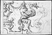Satyr holding a fantastical creature (recto); Two candelabra grotesques (verso), ? attributed to Andrés de Melgar (Spanish, documented S. Domingo de la Calzada, died after 1554), Pen and brown ink