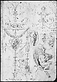 Grotesques Designs with Various Inscriptions (recto); Candelabra Grotesque and Two Putti Holding Flowers (verso), attributed to Andrés de Melgar (Spanish, documented S. Domingo de la Calzada, died after 1554), Pen and dark gray-brown ink (recto); pen and brown ink over black chalk (verso)