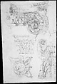 Composite capital, plan, elevation, and details; frieze, detail (recto) Forum of Nerva, entablature and attic, profiles; portico, perspective, and cornice, profile (verso), Drawn by Anonymous, French, 16th century, Dark brown ink, black chalk, and incised lines
