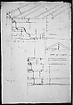 Portico Octavia, pediment and entablature, elevation; pediment, elevation (recto)  Temple of Antoninus and Faustina,  entablature, elevation (verso), Drawn by Anonymous, French, 16th century, Dark brown ink, black chalk, and incised lines