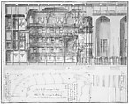 Designs for the Theater at Nancy: Longitudinal Section and Half Ground Plan, Assistant of Francesco Galli Bibiena (Italian, Bologna 1659–1739 Bologna), Pen and brown ink, brush and brown wash