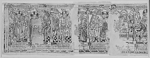 Three Fragments of a Passion Frieze: The Kiss of Judas, Christ before Pilate, and the Flagellation; The Crucifixion and the Descent from the Cross; The Entombment and the Resurrection, Anonymous, French, Amiens, 15th century, Hand-colored woodcut