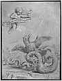 Design with an Eagle Fighting with a Serpent and a Putto in the Sky Holding an Inscribed Banner, Pietro da Cortona (Pietro Berrettini) (Italian, Cortona 1596–1669 Rome)  , School of, Pen and black ink, brush and black wash over traces of black chalk, highlighted with white and blue-gray gouache