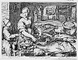 Kitchen Scene with Kitchen Maid Preparing Fish, Christ at Emmaus in the Background, from Kitchen and Market Scenes with Biblical Scenes in the Background, Jacob Matham  Netherlandish, Engraving