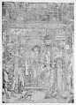 The Virgin and Child enthroned within an elaborate architectural structure, flanked by four saints, at left St John the Baptist and St Angelus, at right St  Albert and St Jerome, Giovanni Maria da Brescia (Italian, Brescia, active 1500–12), Engraving printed in pale brown ink