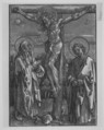 Christ on the Cross flanked by the Virgin and Saint John, Dürer-School (German, first half 16th century), Chiaroscuro woodcut with tone block in green