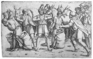 Joseph's cup found in Benjamin's sack from the biblical story of Joseph (Genesis 44); a scene with soldiers, mules and various figures, Giovanni Antonio da Brescia Italian, Engraving