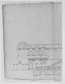 Villa Giulia, section, Drawn by Anonymous, French, 16th century, Pen and dark brown ink, over traces of black chalk, ruling and compass work, on three glued sheets of paper