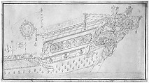 Drawing of the Stern of "La Réal", Anonymous, French, 19th century French, Pen and black, gray and red ink. Framing lines in pen and black ink, brush and black wash.