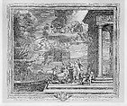 Plate 1: The Toilette of Venus; Venus reclining at center, gazing into a mirror held by Cupid, attendants fix her hair while a putto ties her sandal, above her chariot appears on a cloud; from the series 'The Loves of Venus and Adonis', Etienne Baudet  French, Engraving and etching [possibly a later printing]