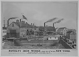 Novelty Iron works, Foot of 12th St. E.R. New York. Stillman, Allen & Co., Iron Founders, Steam Engine and General Machinery Manufacturers, After John Penniman (American, 1817–1850), Lithograph printed in colors with hand-coloring